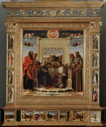 Bellini-Altar: Mittelteil „Krönung der Jungfrau zwischen dem heiligen Petrus und dem heiligen Paulus (links) sowie dem heiligen Hieronymus und dem heiligen Franziskus von Assisi (rechts)“. Öl- und Temperamalerei von Giovanni Bellini (um 1432-1516)