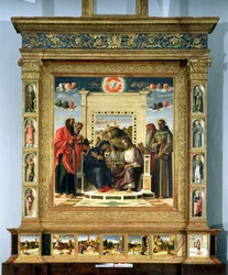 Krönung der Jungfrau mit den Heiligen Paulus, Petrus, Hieronymus und Franz von Assisi mit Szenen aus dem Leben der Heiligen im Predella-Panel, bekannt als der Pala di Pesaro Altar, um 1474
