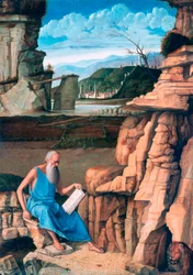 Der heilige Hieronymus liest in einer Landschaft