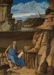 Der heilige Hieronymus liest in einer Landschaft, um 1480-5