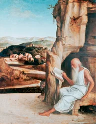 Der heilige Hieronymus liest in einer Landschaft