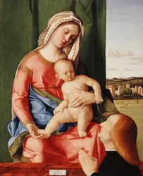 Die Madonna und das Kind mit einem männlichen Stifter, eine Landschaft im Hintergrund