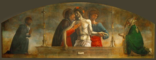 Der tote Christus, unterstützt von der Heiligen Maria, dem Heiligen Johannes Apostel und den Heiligen Markus und Nikolaus