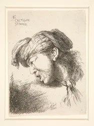 Ein Mann ohne Bart, im Profil gesehen und nach rechts gewandt. Sein Mund ist geöffnet, als ob er schreien würde, aus der Serie Les petites têtes