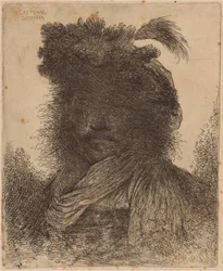 Bärtiger Mann mit schattiertem Gesicht, einen Schal und einen Federhut tragend