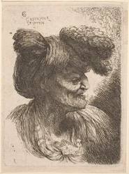 Alter Mann mit einem mit Pelz verzierten Turban, nach rechts gewandt