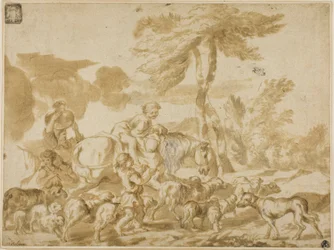 Bauernfamilie mit Schafen und Hund