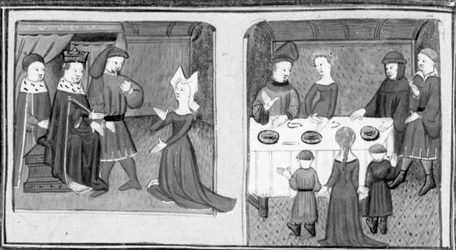 Dekameron, Gilette bittet den König, Beltramo di Rossiglione heiraten zu dürfen; Giletta stellt Beltramo ihre Kinder vor. Dritter Tag, Novelle 9.