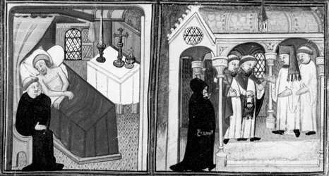 Decameron, Die Beichte des sterbenden Ciappelletto; die Gläubigen werden zur Andacht eingeladen. Erster Tag, Geschichte 1.