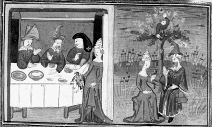 Dekameron, Lidia tötet den Sperber ihres Mannes; die Frau unterhält sich mit ihrem Mann auf der Wiese. Siebter Tag, Novelle 9