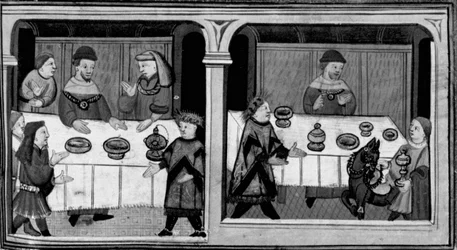 Decameron, Bergamin wird an den Tisch von Cangrande della Scala eingeladen; Bergamin erhält prächtige Geschenke. Erster Tag, Geschichte 7.