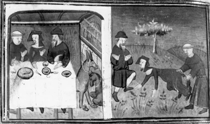 Dekameron, Gianni di Barolo sitzt mit Pietro da Tresanti und seiner Frau am Tisch; Gianni versucht, der Frau einen Schwanz anzubinden. Neunter Tag, Novelle 10