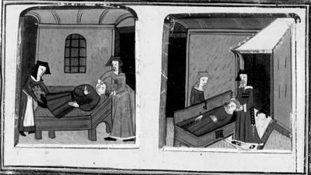 Dekameron, Die Frau von Mazzeo glaubt, dass ihr Geliebter tot ist; die Frau versteckt den Körper in einer Truhe. Vierter Tag, Novelle 10.