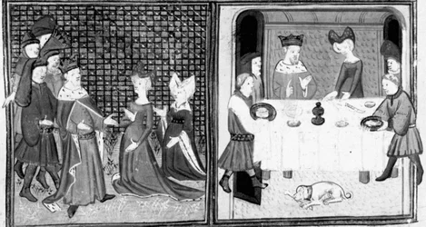 Decameron, Die Markgräfin von Montferrat empfängt Philipp den Einäugigen; die Adligen sitzen beim Bankett. Erster Tag, Geschichte 5.