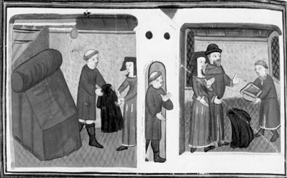 Dekameron, Der Pfarrer von Varlungo verpfändet seinen Mantel bei Madame Belcolore; ein Kleriker übergibt der Frau einen Mörser. Achter Tag, Novelle 2