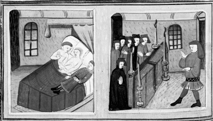 Dekameron, Lorenzo wird von den Brüdern von Lisabetta getötet; Lisabetta versteckt den Kopf des Geliebten in einem Topf. Vierter Tag, Novelle 8.