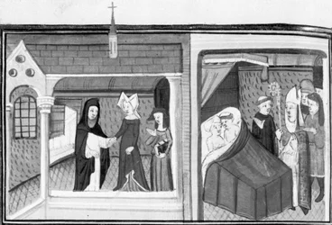 Dekameron, Madame Piccarda besucht den Pfarrer von Fiesole; der Pfarrer wird vom Bischof im Bett mit der Magd überrascht. Achter Tag, Novelle 4