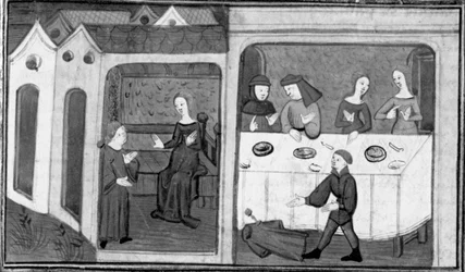 Dekameron, Tedaldo spricht mit Ermeline; Tedaldo offenbart seine Identität. Dritter Tag, Novelle 7.