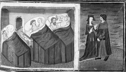 Dekameron, Drei Paare schlafen in einem Zimmer; der Wirt diskutiert mit seiner Frau. Neunter Tag, Novelle 6