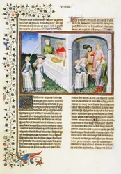 Madonna Dianora verspricht sich Messer Ansaldo für den Garten; Messer Ansaldo beschäftigt einen Zauberer und gibt ihr den Garten; Madonna Dianora erzählt ihrem Ehemann Gilberto von ihrem Versprechen und er vergibt ihr