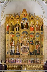 Polyptychon mit Madonna und Kind auf dem Thron zwischen Heiligem Eustachius, Heiligem Petrus, Heiligem Jakobus dem Älteren, Heiligem Venantius, Beato Guardato, Heiligem Nikolaus von Bari, Kreuzigung Christi, Heiligem Sebastian und Heiligem Eleutherius, Ges