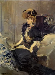 Belle Epoque: „Der Besuch“ Elegante junge Frau im Abendkleid. Gemälde von Giovanni Boldini