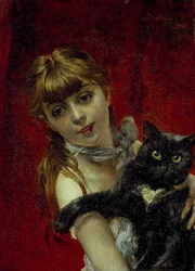 Mädchen mit schwarzer Katze, um 1885