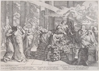 Der Suizid der Dido, die in der Mitte auf einem Scheiterhaufen liegt, umgeben von vielen Figuren, 1650-55.