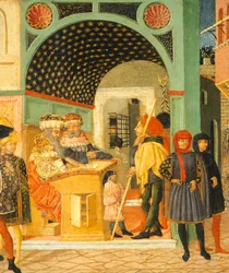 Geschichten von Susanne, um 1450, rechte Seite einer bemalten Truhe, Detail