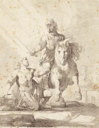 Soldat in antiker Kleidung, der ein Schwert über einen knienden Soldaten schwingt