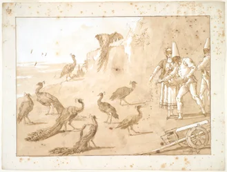Pulcinella füttert die Pfauen