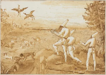 Pulcinelli bei der Jagd auf Wasservögel