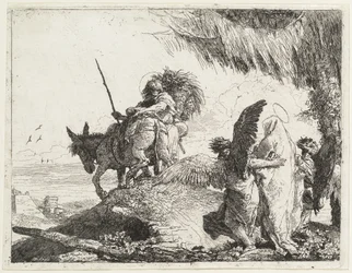 Die Flucht, mit Madonna rechts von Engeln unterstützt