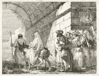 Die Heilige Familie zieht unter einem Stadttor hindurch
