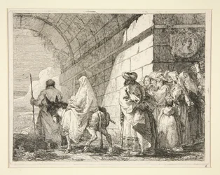 Die Heilige Familie zieht unter einem Bogen hindurch und verlässt die Stadt durch ein Tor, aus der Serie Idee pittoresche sopra la fuga in Egitto (Flucht nach Ägypten)
