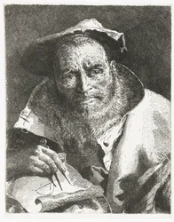 Wissenschaftler mit Barett auf dem Kopf und Zirkel in der Hand