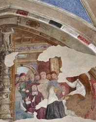 Darstellung der heiligen Katharina von Siena vor Papst Gregor XI. in Avignon. Fresko von Giovanni Donato da Montorfano (1460-1502) Lünette der Bolla-Kapelle, linkes Kirchenschiff
