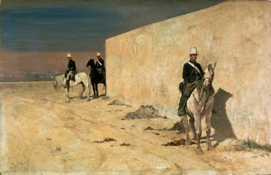 Der Ausguck (Die weiße Mauer) Reiter, die vor einer weißen Mauer in der Wüste Wache stehen. Gemälde von Giovanni Fattori (1825-1908)