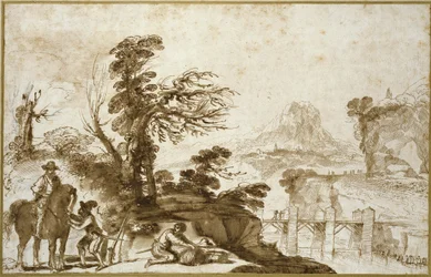 Landschaft mit einem Reiter und einer Brücke