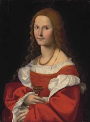 Porträt einer Dame als Maria Magdalena, halblang, in einem roten Kleid und mit Perlenkette