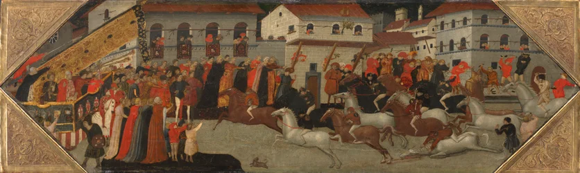 Tafel von einem Cassone: Das Rennen des Palio in den Straßen von Florenz, 1418