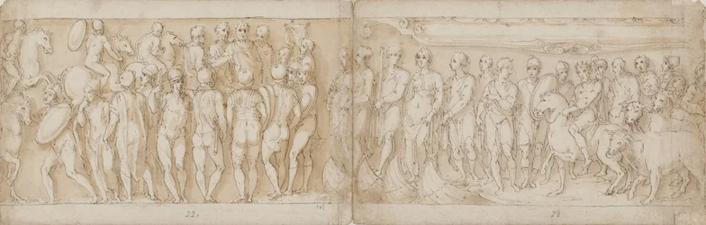 Barbaren begrüßen den Kaiser (CXIV); Deutsche und Sarmaten werden per Schiff über die Donau gebracht (von Guerra anders interpretiert; CXV)