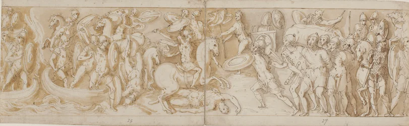 Römische Soldaten überqueren einen Fluss in Booten (weitgehend restauriert; XXXIV)2; ein kämpfender römischer Soldat (vom Ende von XXIV); römische Wachen bringen barbarische Gefangene vor den Kaiser (im Zeichnen weggelassen; Ende von XXV); Beginn eines Mar