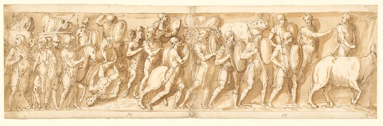 Römer auf dem Marsch (XXXVI); Marcus Aurelius, Pompeius und ein Begleiter beobachten den Marsch (XXXVII); eine Rast auf dem Marsch (XXXVIII)