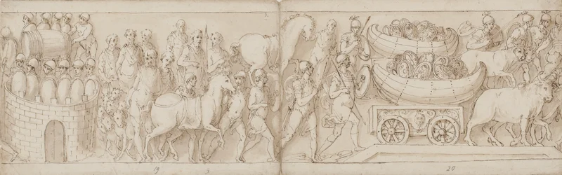 Die belagerten Römer erhalten Verstärkung von der anderen Seite (Ende von CIX, CX), die Römer marschieren mit dem Kaiser; Schilde in Booten werden auf Ochsenkarren über eine Brücke gezogen