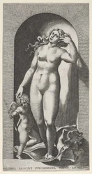 Tafel 10: Venus in einer Nische, stehend auf einer Muschelschale, mit Amor zu ihrer Rechten, aus einer Serie, 1526