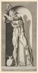 Vulkan steht in einer Nische und schwingt einen Hammer, mit einem Amboss, Hammer und Zangen, 1526