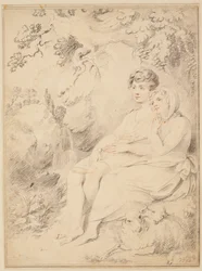 Junge und Mädchen mit Flöte und Schafen