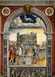 Sternzeichen: „Der Widder“ Oben Medaillons mit Porträts von Julius Caesar und Augustus. Unten, Legende zur Entstehung der Konstellation des Zeichens: Caius Mucius Scaevola im feindlichen Lager des etruskischen Königs