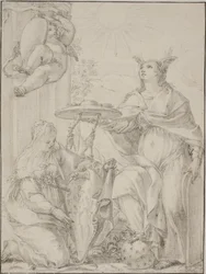 Allegorie mit zwei weiblichen Figuren, eine stellt den Glauben dar und hält ein Wappen